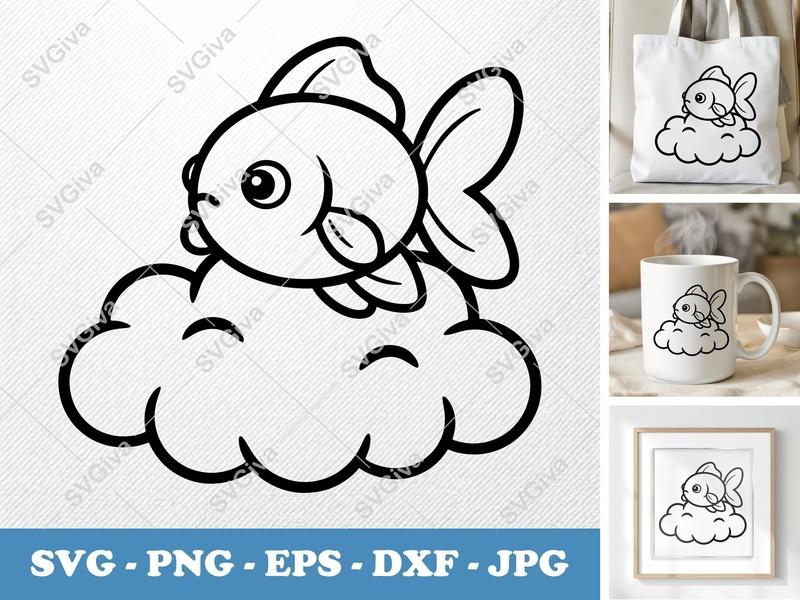 Goldfish SVG | Cute Cloud Fish Line Art | PNG EPS DXF | Cricut & Silhouette Cut File | Cartoon Animal Vector