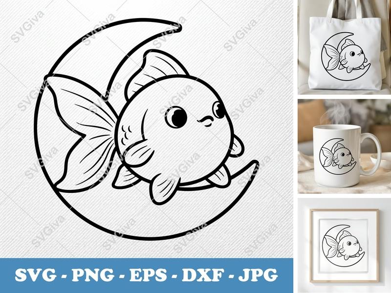 Goldfish SVG, Cute Fish Moon PNG, EPS, DXF | Cricut & Silhouette Cut File | Modern Clean Design, Kawaii Goldfish