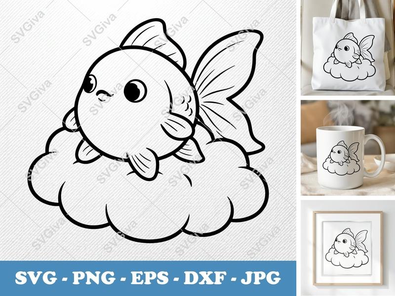 Goldfish SVG, Cute Fish on Cloud PNG EPS DXF | Cartoon Goldfish Art for Cricut, Silhouette | Kawaii Animal Cut File