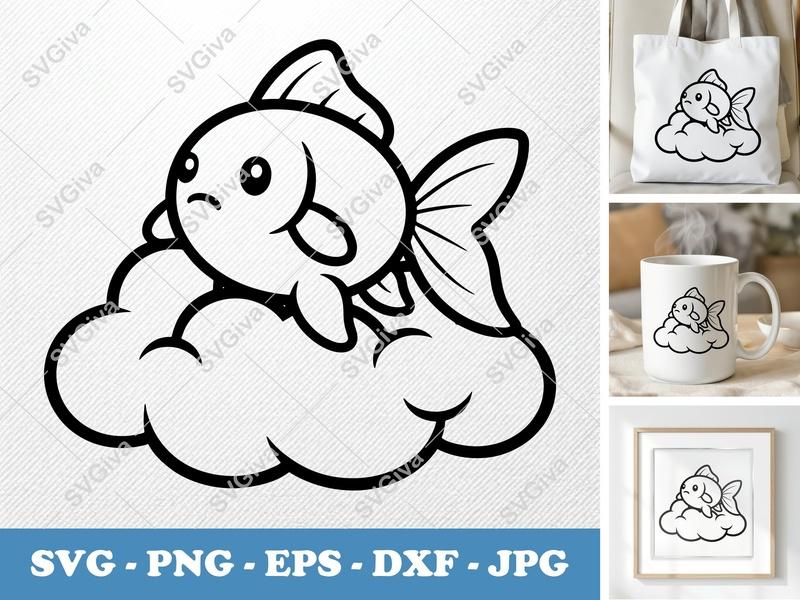Goldfish SVG, Cute Fish on Cloud PNG EPS DXF | Cartoon Goldfish Art for Cricut & Silhouette, Kids Craft Design