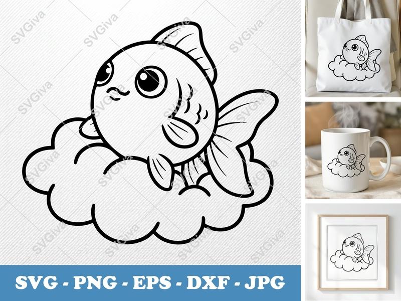 Goldfish SVG, Cute Fish on Cloud PNG EPS DXF | Cartoon Goldfish Cut File for Cricut, Silhouette, Vector Clipart