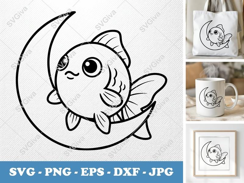 Goldfish SVG, Cute Fish on Moon, Cartoon Ocean Animal, PNG EPS DXF | Cricut Silhouette Cut File, Kids Craft