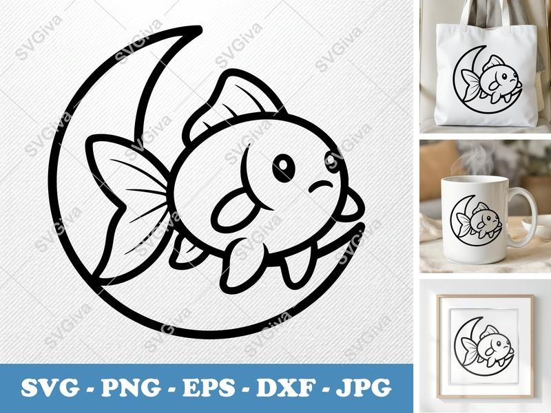 Goldfish SVG, Cute Fish on Moon, Modern Clean Line Art, PNG, EPS, DXF for Cricut & Silhouette
