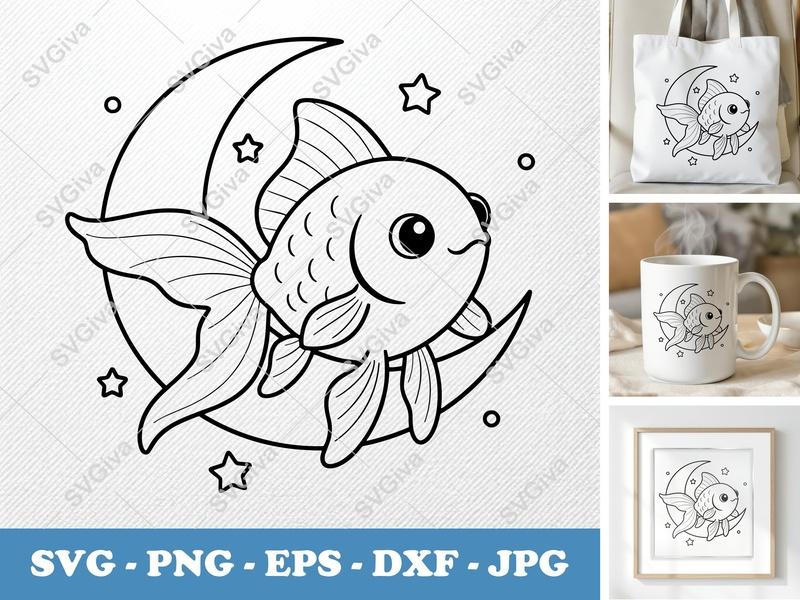 Goldfish SVG, Cute Fish on Moon PNG EPS DXF | Cricut & Silhouette Cut File, Ocean Animal Clipart, Digital Download