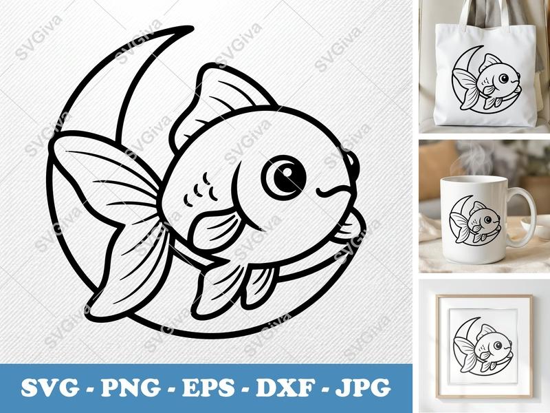 Goldfish SVG | Cute Fish Outline, Moon Graphic | PNG, EPS, DXF | Cricut, Silhouette Cut File
