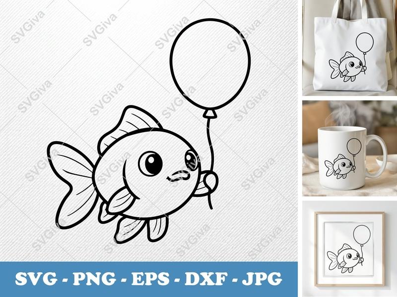 Goldfish SVG, Cute Fish with Balloon, Cartoon Animal PNG, EPS, DXF for Cricut & Silhouette, Kid's Craft Design