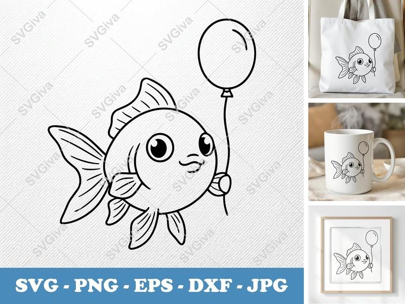 Goldfish SVG, Cute Fish with Balloon Cut File, Modern Goldfish PNG EPS DXF for Cricut, Silhouette, Kids Craft