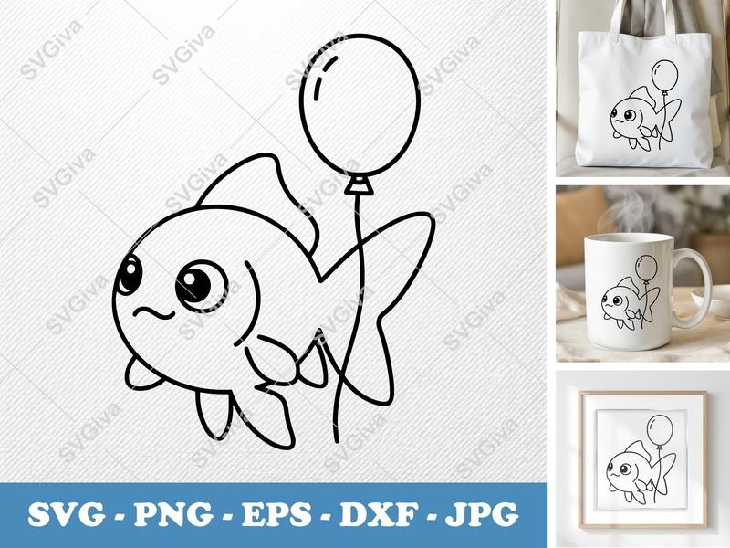 Goldfish SVG, Cute Fish with Balloon | PNG EPS DXF | Cricut Silhouette Cut File, Kids Craft, Animal Clipart