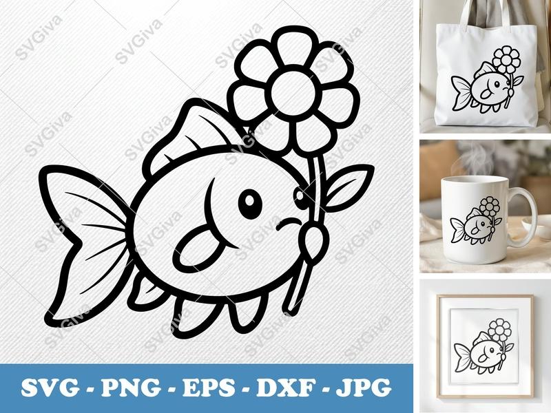 Goldfish SVG, Cute Fish with Flower, Cartoon Aquatic Animal PNG EPS DXF for Cricut | Silhouette Cut File