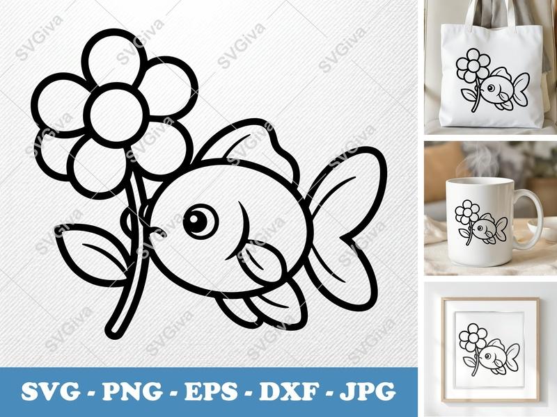 Goldfish SVG, Cute Fish with Flower, Cartoon Goldfish PNG EPS DXF, Cricut Silhouette Cut File, Aquatic Animal Clipart
