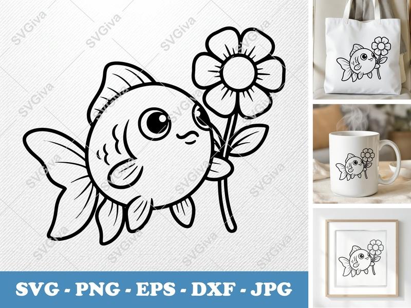 Goldfish SVG, Cute Fish with Flower Clipart, Cartoon Animal Cut File for Cricut, Silhouette | PNG EPS DXF Vector Art