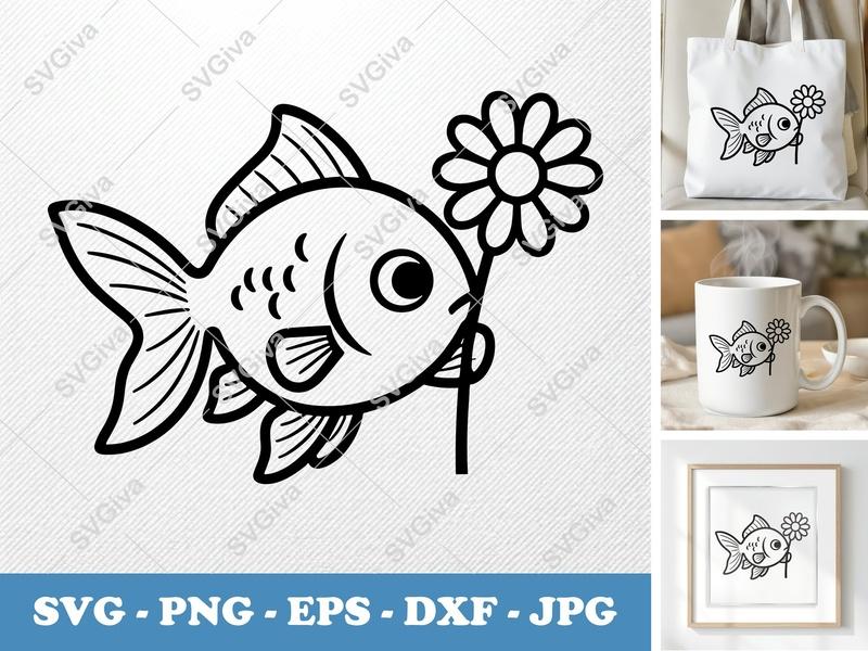 Goldfish SVG, Cute Fish with Flower, Modern Clean Design, PNG EPS DXF | Cricut & Silhouette Cut File