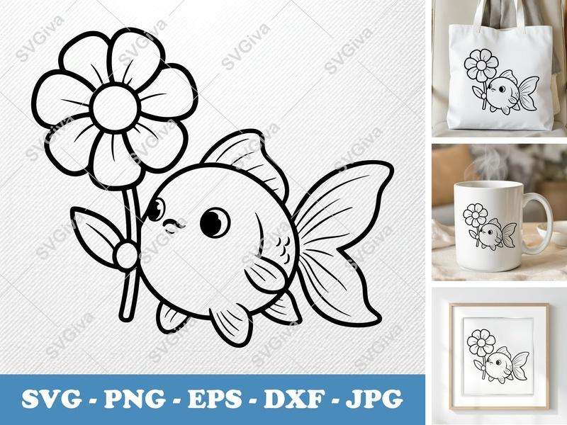 Goldfish SVG, Cute Fish with Flower PNG EPS DXF | Cricut, Silhouette Cut File | Cartoon Animal Clipart, Outline Vector Art