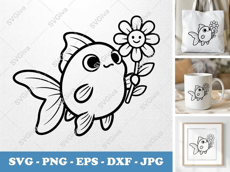 Goldfish SVG, Cute Fish with Flower PNG EPS DXF | Cricut, Silhouette Cut File, Modern Animal Clipart