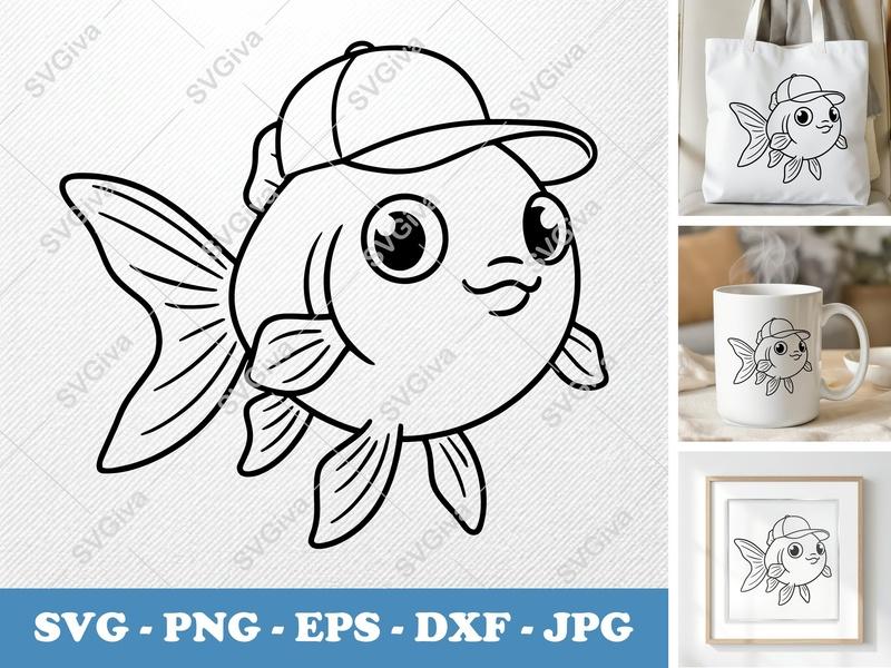 Goldfish SVG, Cute Fish with Hat, Cartoon Animal | PNG EPS DXF | Cricut Silhouette File, Vector Clipart
