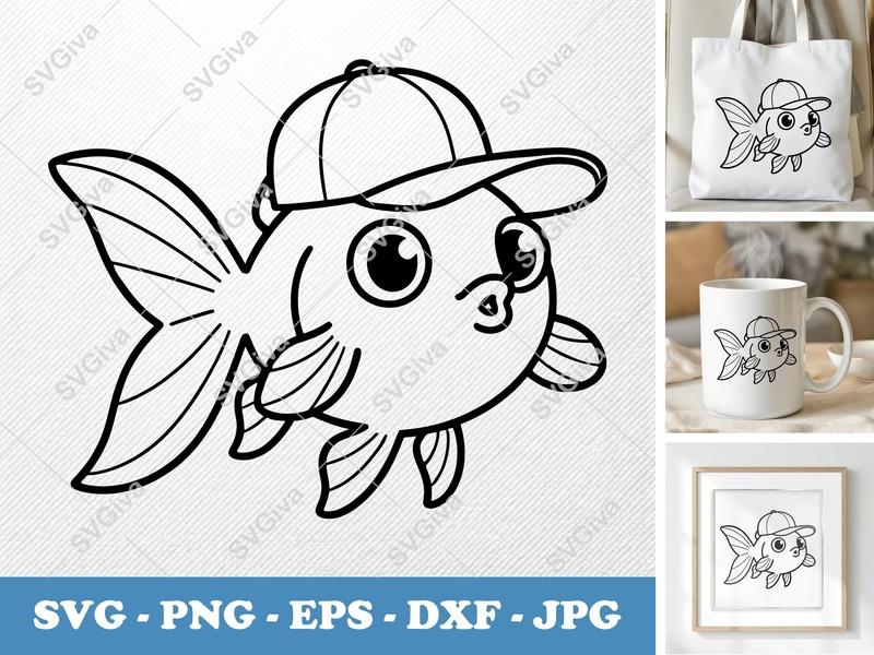 Goldfish SVG, Cute Fish with Hat Clipart, Cartoon Fish PNG EPS DXF for Cricut & Silhouette, Modern Animal Cut File