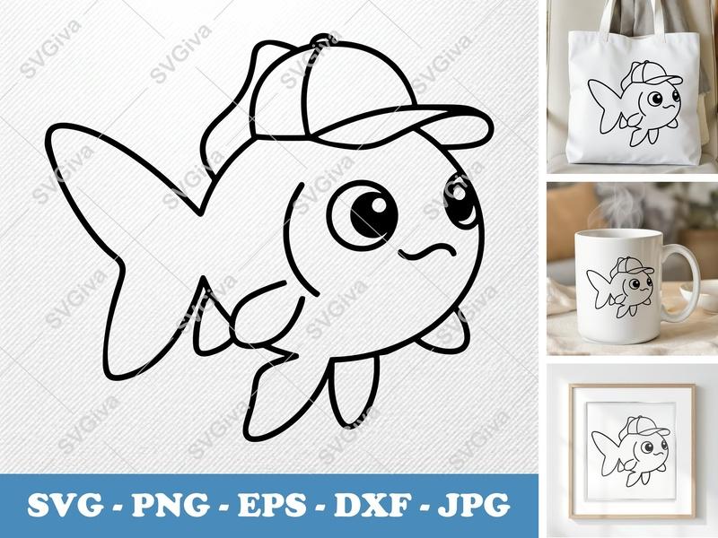 Goldfish SVG, Cute Fish with Hat Clipart, Cartoon Goldfish PNG EPS DXF | Cricut & Silhouette Cut File, Animal Vector Art