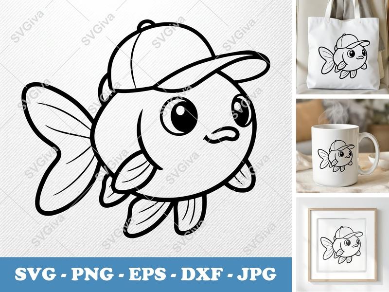Goldfish SVG, Cute Fish with Hat Clipart, Cartoon Goldfish PNG EPS DXF for Cricut | Silhouette