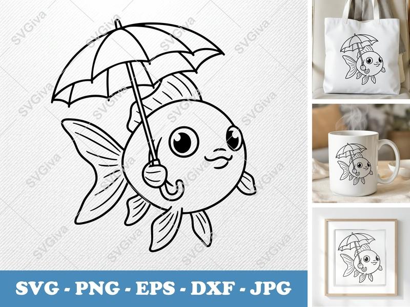 Goldfish SVG, Cute Fish with Umbrella, Modern Cartoon Outline | PNG EPS DXF for Cricut, Silhouette, Digital Art