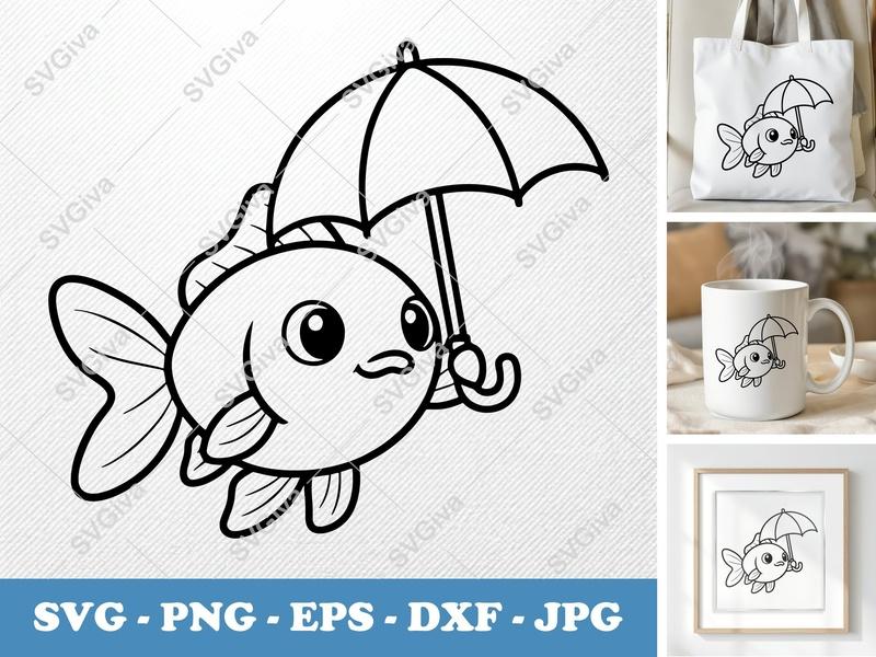 Goldfish SVG, Cute Fish with Umbrella | PNG EPS DXF | Cricut Silhouette File | Modern Animal Clipart, Digital Download