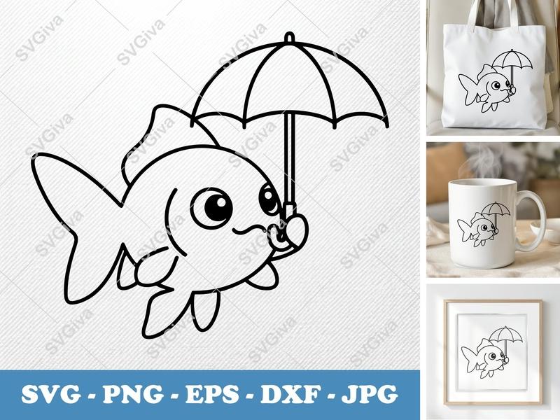 Goldfish SVG, Cute Fish with Umbrella | PNG EPS DXF files for Cricut, Silhouette, Digital Download, Vector Clipart