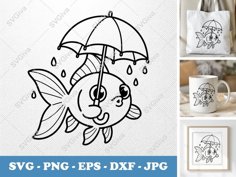 Goldfish SVG, Cute Umbrella Raindrops, Modern Clean Line Art, PNG EPS DXF for Cricut, Silhouette, Fish Clipart