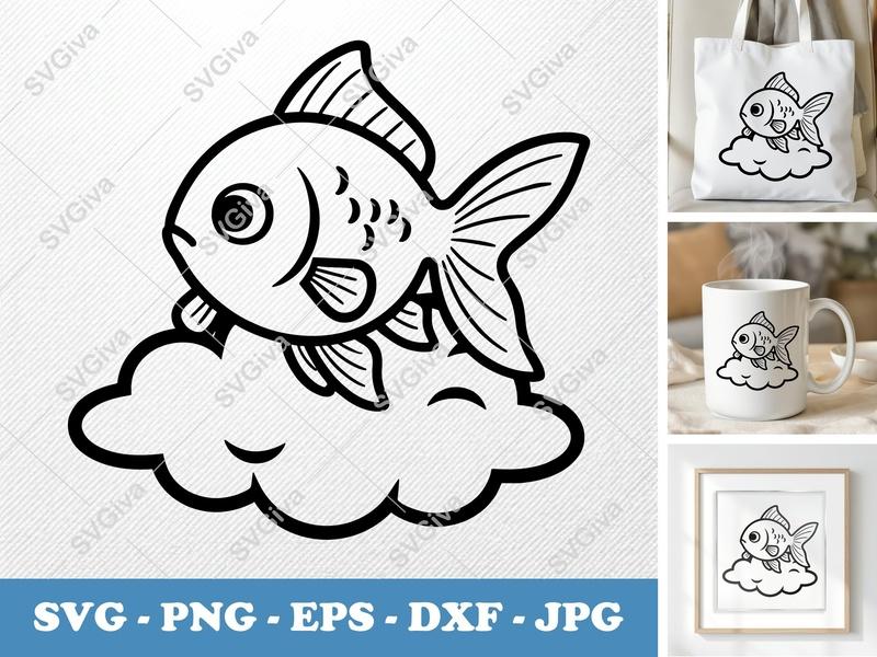 Goldfish SVG | Modern Goldfish on Cloud Cut File | PNG EPS DXF | Cricut Silhouette Design | Aquatic Pet Art