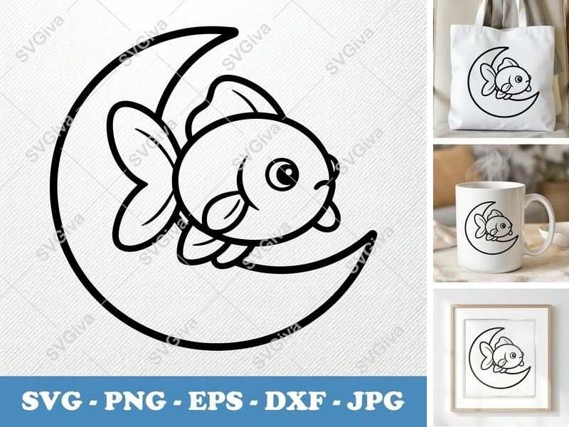 Goldfish SVG, Moon Goldfish, Cute Fish Outline, PNG EPS DXF | Cricut & Silhouette Cut File, Ocean Animal Clipart