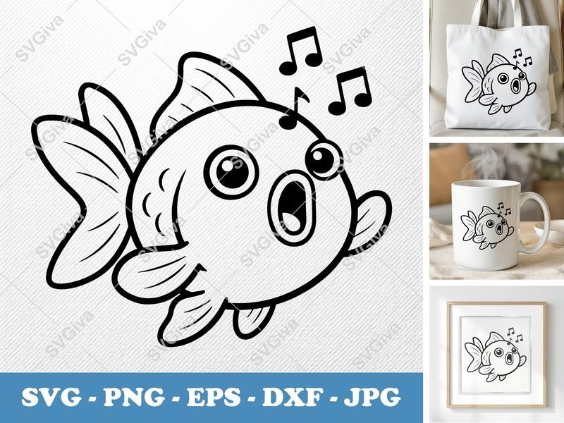 Goldfish SVG, Singing Fish Clipart, Music Notes, Cute Cartoon Goldfish PNG EPS DXF | Cricut Silhouette File