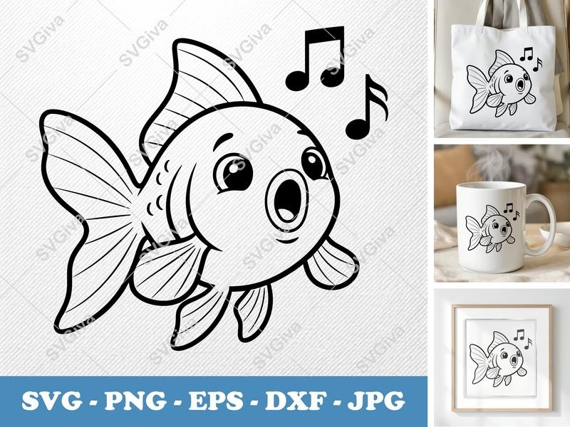 Goldfish SVG, Singing Fish Cut File, Cute Music Notes PNG, EPS, DXF for Cricut & Silhouette, Kawaii Animal Clipart