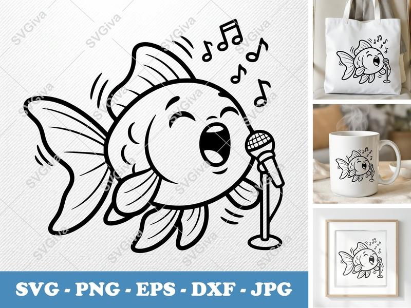 Goldfish SVG, Singing Fish Cut File, Microphone PNG, EPS, DXF | Cricut, Silhouette | Music Notes, Cartoon Fish