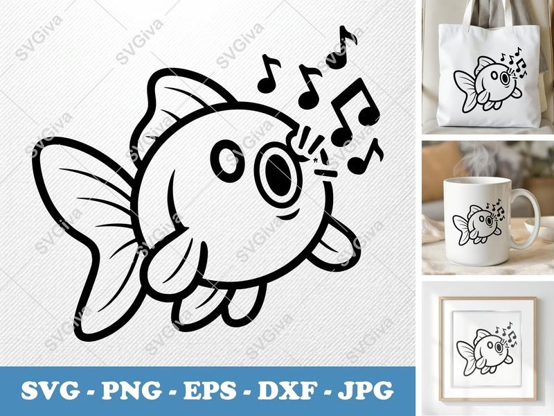 Goldfish SVG | Singing Fish Cut File, Music Notes, Cartoon Animal | PNG EPS DXF for Cricut, Silhouette, Vector Clipart