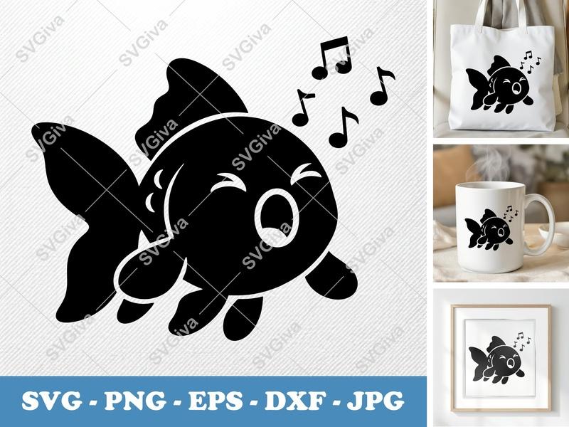 Goldfish SVG, Singing Fish Cut File, Music Notes PNG, EPS, DXF for Cricut & Silhouette, Cute Animal Vector Art