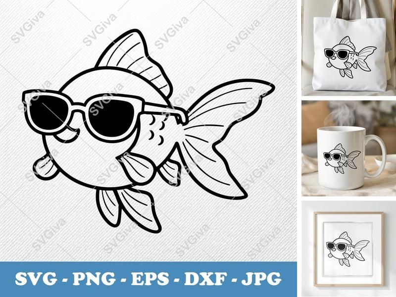 Goldfish Wearing Sunglasses SVG | Friendly Bean-Shaped Cut File | PNG DXF EPS | Cricut Silhouette Design