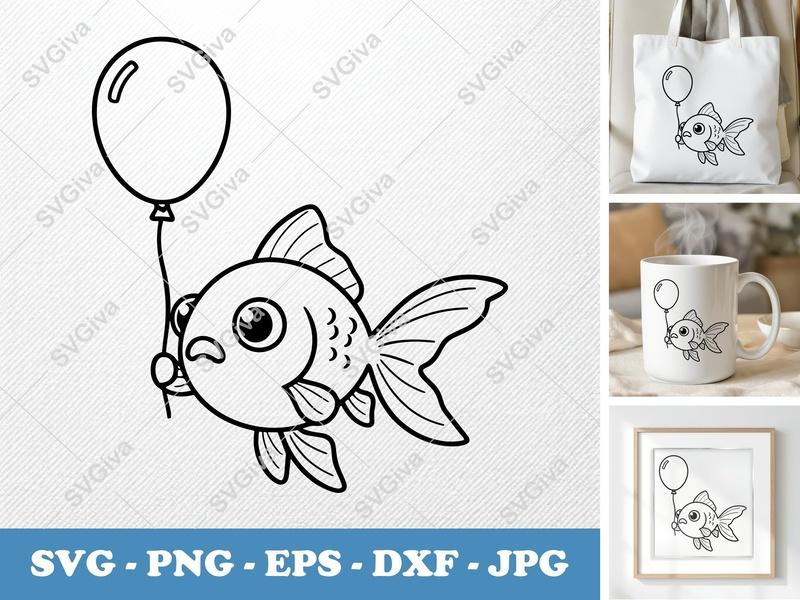 Goldfish with Balloon SVG | Friendly Rounded Body Bean-Shaped Forms | PNG DXF EPS | Cricut Silhouette File