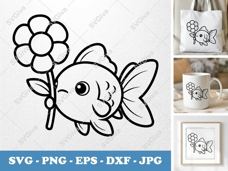 Goldfish with Flower SVG | Puffy Cartoon Style | PNG DXF EPS | Cricut Silhouette File
