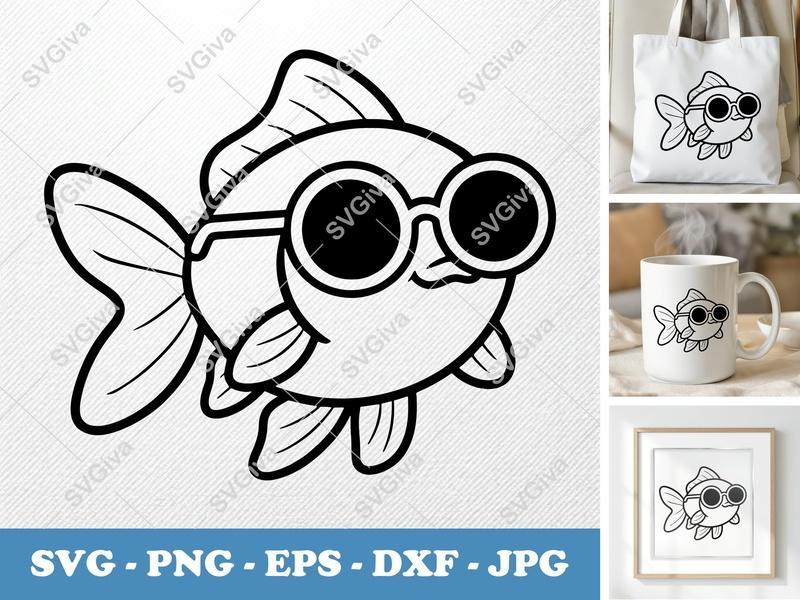 Goldfish with Sunglasses SVG, Modern Fish Clipart, PNG, EPS, DXF for Cricut & Silhouette, Aquatic Pet Vector