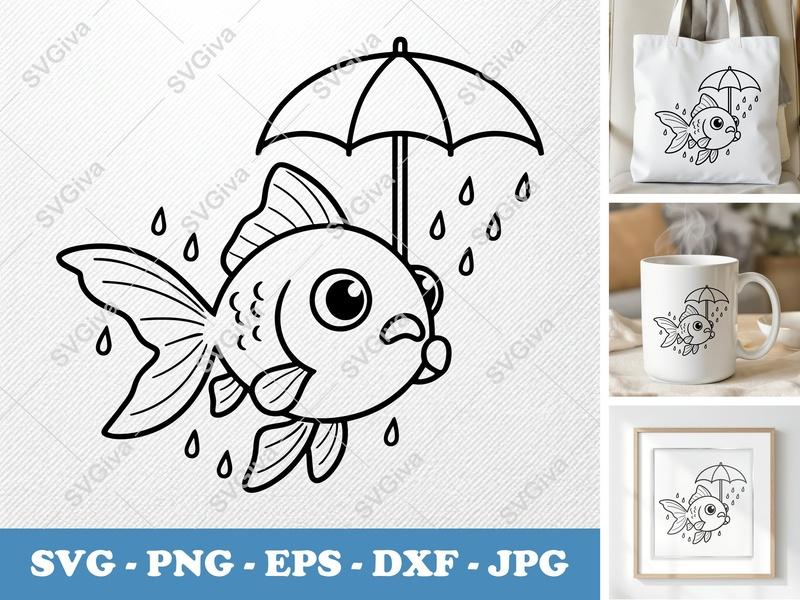 Goldfish with Umbrella SVG | Friendly Rounded Body Bean Shape Cut File | PNG DXF EPS | Cricut Silhouette