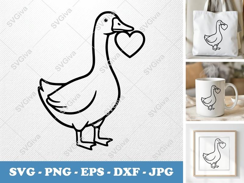 Goose Holding Heart SVG | Farm Animal Cut File PNG DXF EPS for Cricut Silhouette