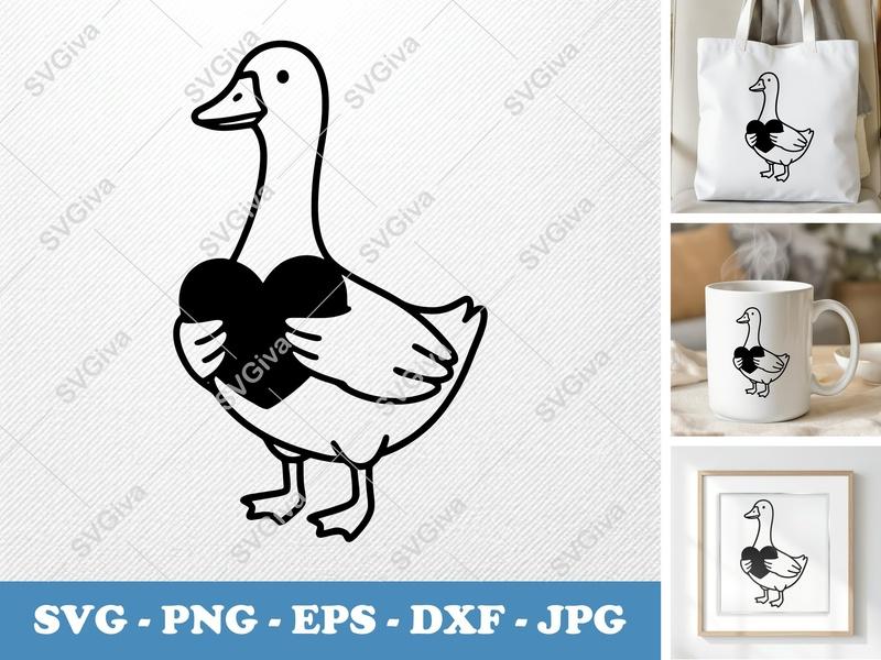 Goose Holding Heart SVG | Friendly Bean-Shaped Cut File | PNG DXF EPS for Cricut & Silhouette