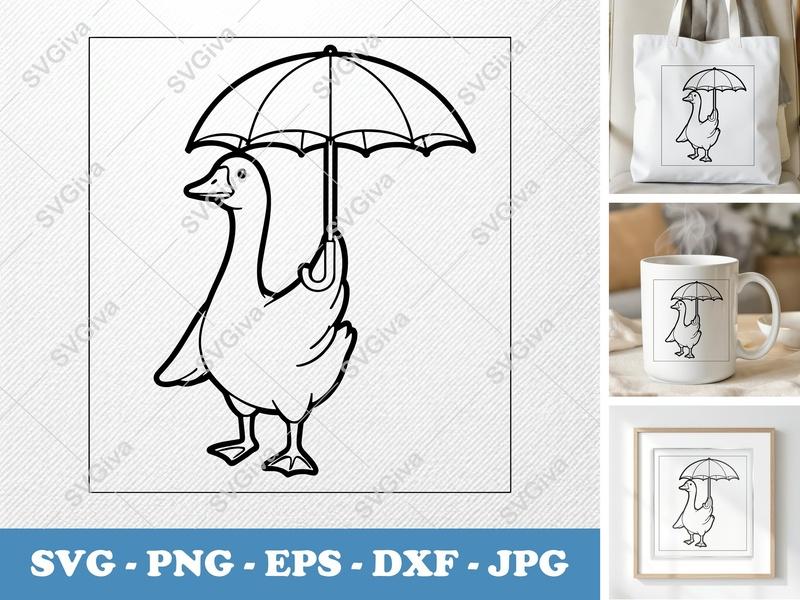 Goose holding umbrella SVG PNG DXF EPS | Animal Cut File Cricut Silhouette Vector Outline
