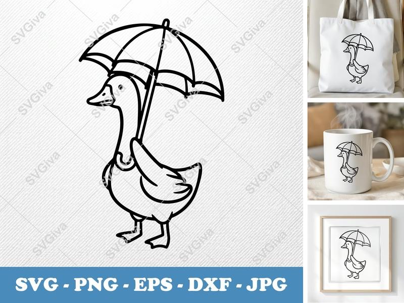 Goose Holding Umbrella SVG PNG DXF EPS | Cute Animal Cut File for Cricut Silhouette Projects