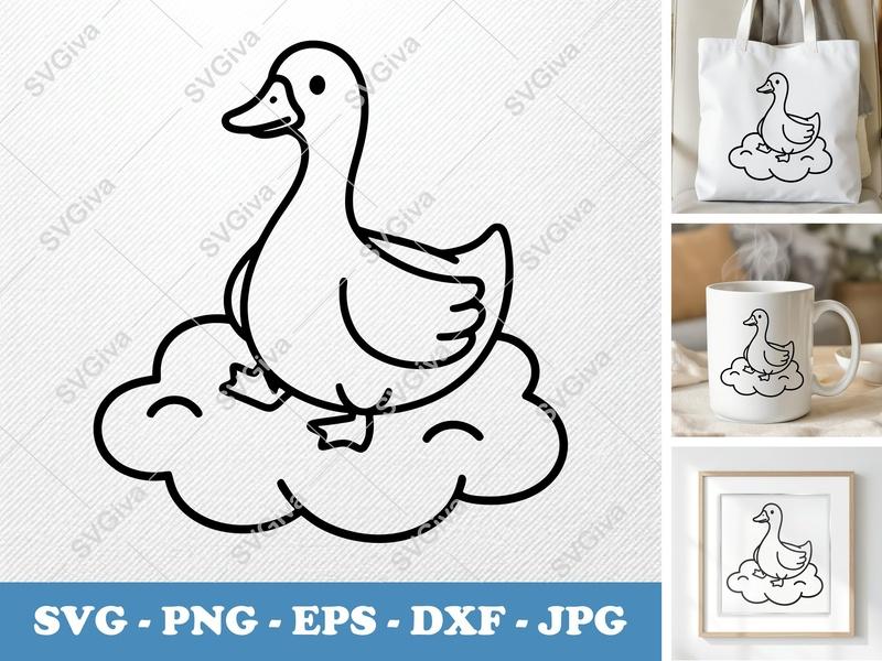 Goose Sitting on Cloud SVG | Friendly Rounded Body Bean-Shaped Cut File | PNG DXF EPS for Cricut Silhouette