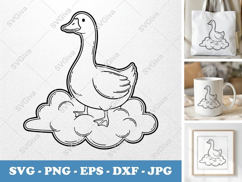 Goose Sitting on Cloud SVG | Outline Minimalist Design | Thick Contour, Thin Lines | PNG DXF EPS | Cricut Silhouette File