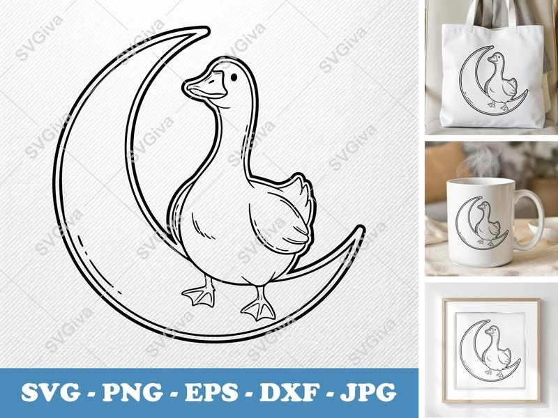 Goose Sitting on Moon SVG | Double-Outline Minimalist | PNG DXF EPS | Cricut Silhouette File