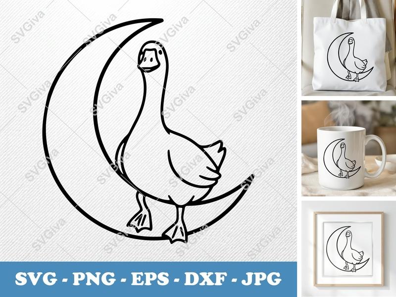 Goose Sitting on Moon SVG | Minimalist Line Art | Bold Contour | PNG DXF EPS | Cricut Silhouette File