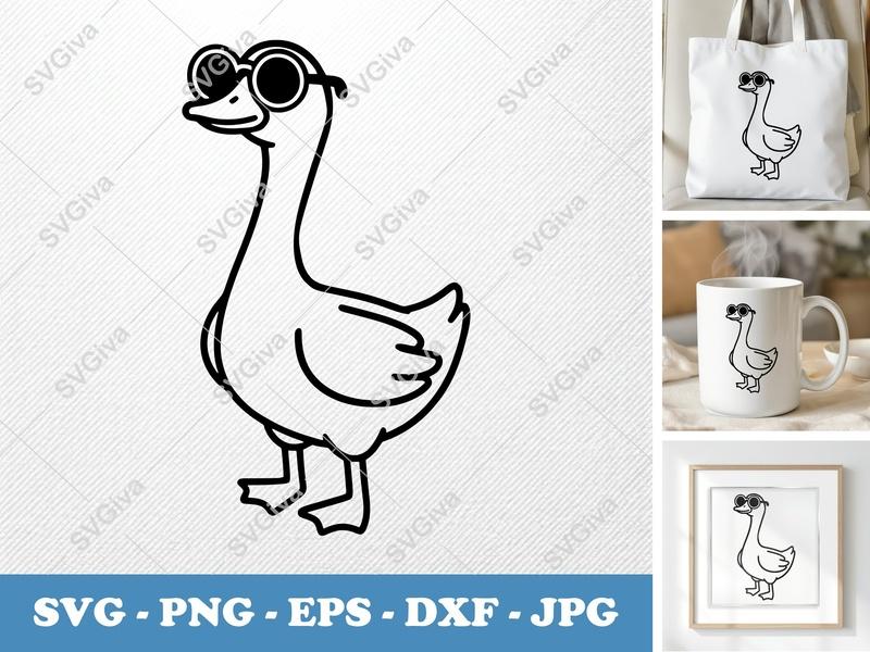Goose SVG, Cool Goose with Sunglasses Cut File, Modern Farm Animal Clipart, PNG EPS DXF for Cricut, Silhouette