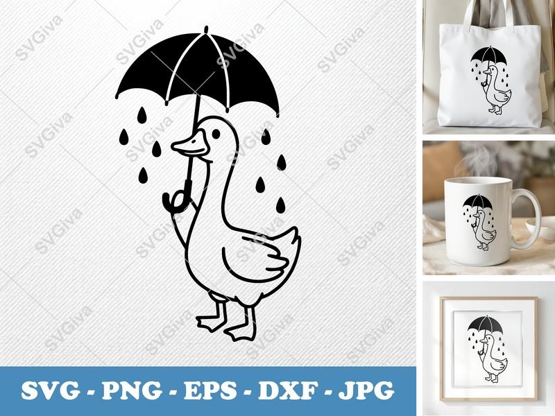 Goose SVG with Umbrella, Rainy Day Duck Cut File | PNG EPS DXF for Cricut & Silhouette, Modern Farm Animal Clipart