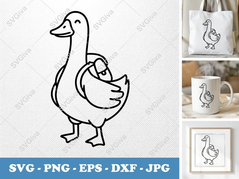 Goose Wearing Backpack SVG | Minimalist Bold Outline Cut File | PNG DXF EPS | Cricut Silhouette Vector Art
