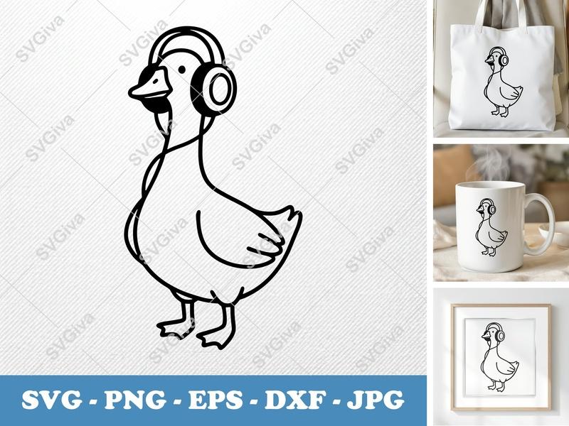Goose Wearing Headphones SVG | Rounded Bean-shaped Friendly Duck Cut File | PNG DXF EPS | Cricut Silhouette | Cute Animal Art